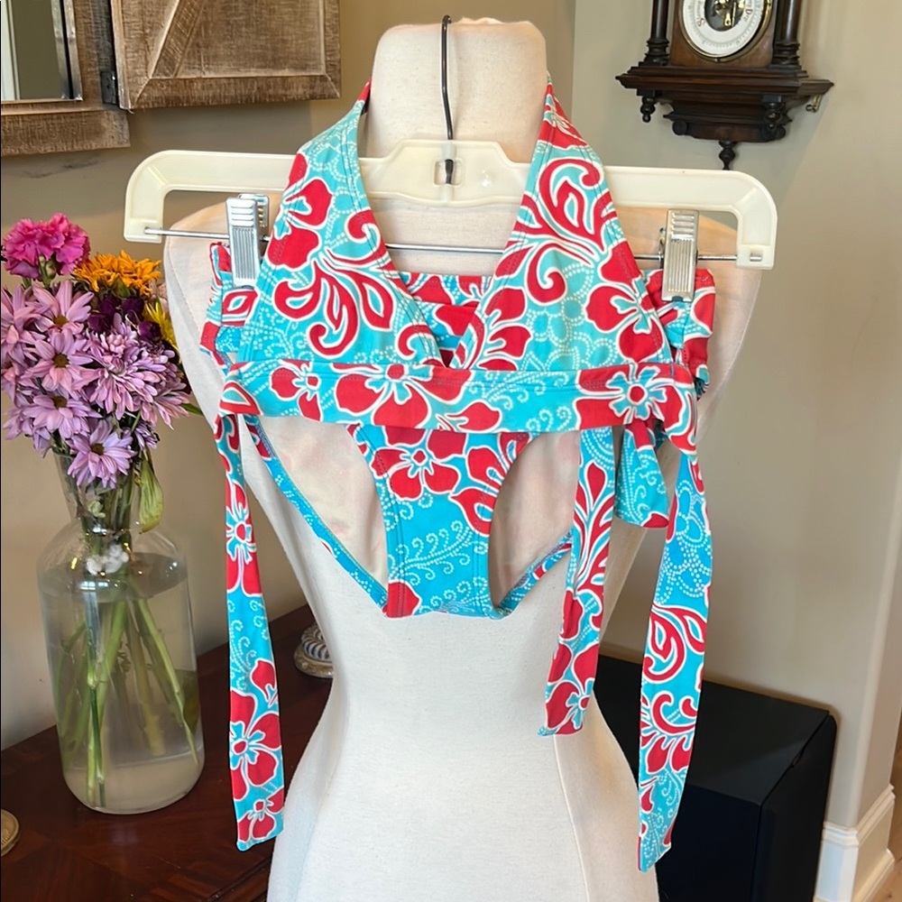 Blue Red Tropical Bikini Top Bottoms Set